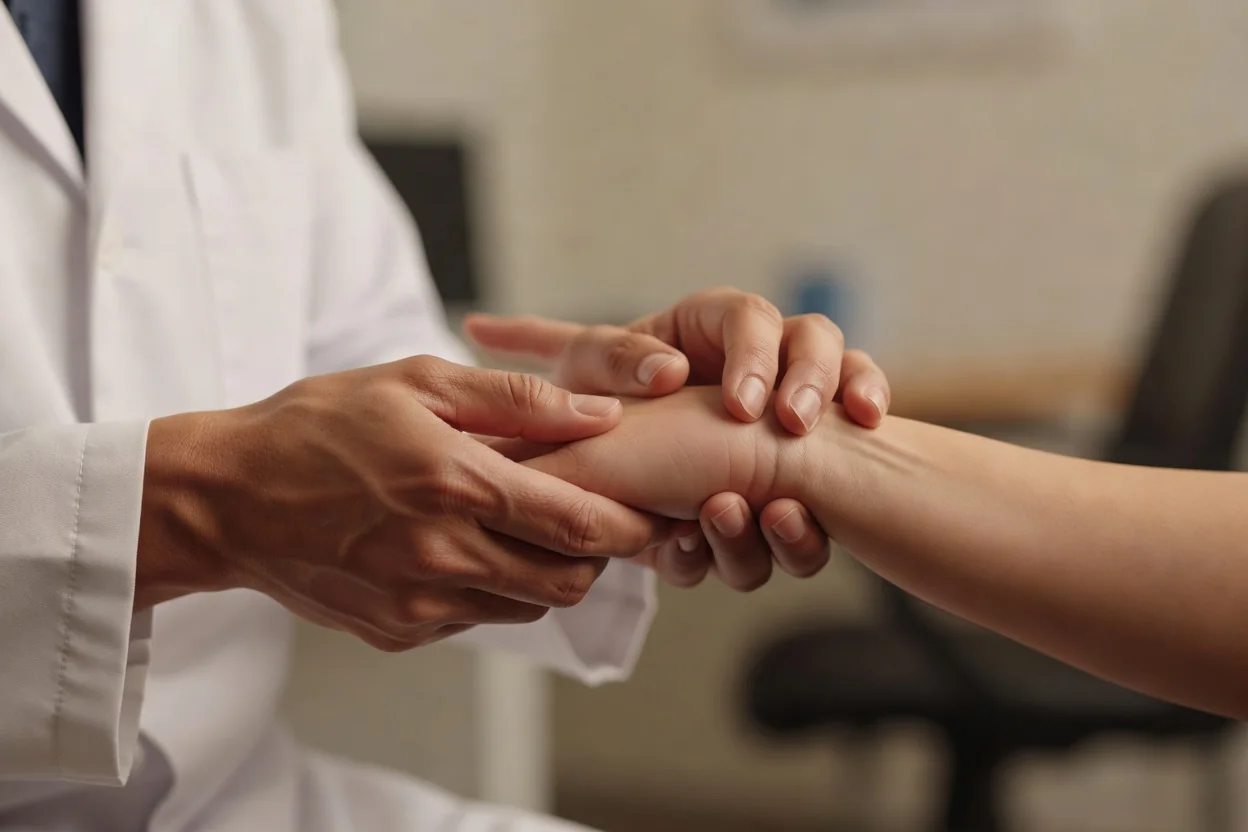 Doctor's hands gently examining a patient's hand