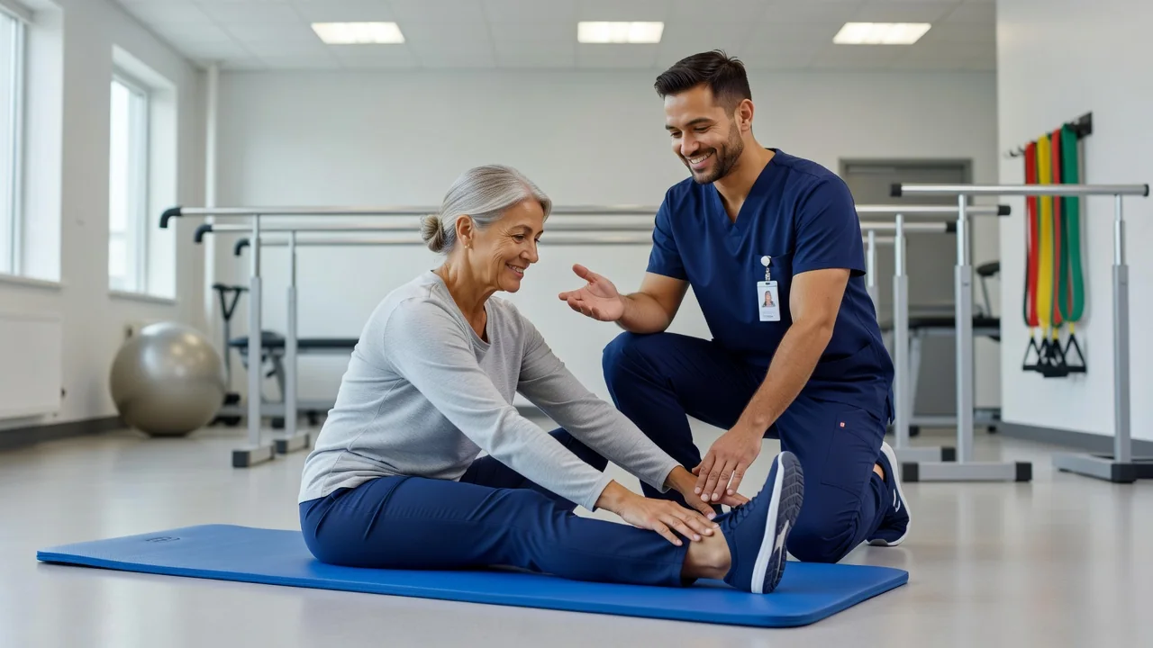 Physiotherapist guiding a patient through a gentle back stretch
