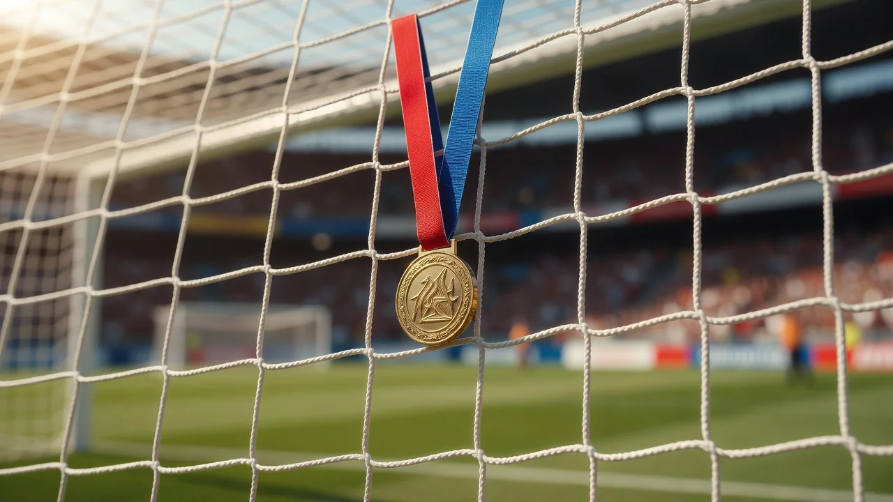 A gold winner medal hanging on a white goal net