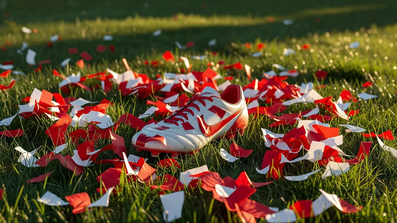 Red and white confetti scattered on grass with a single football boot