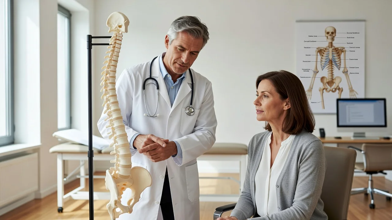 Doctor discussing a spine model with a patient
