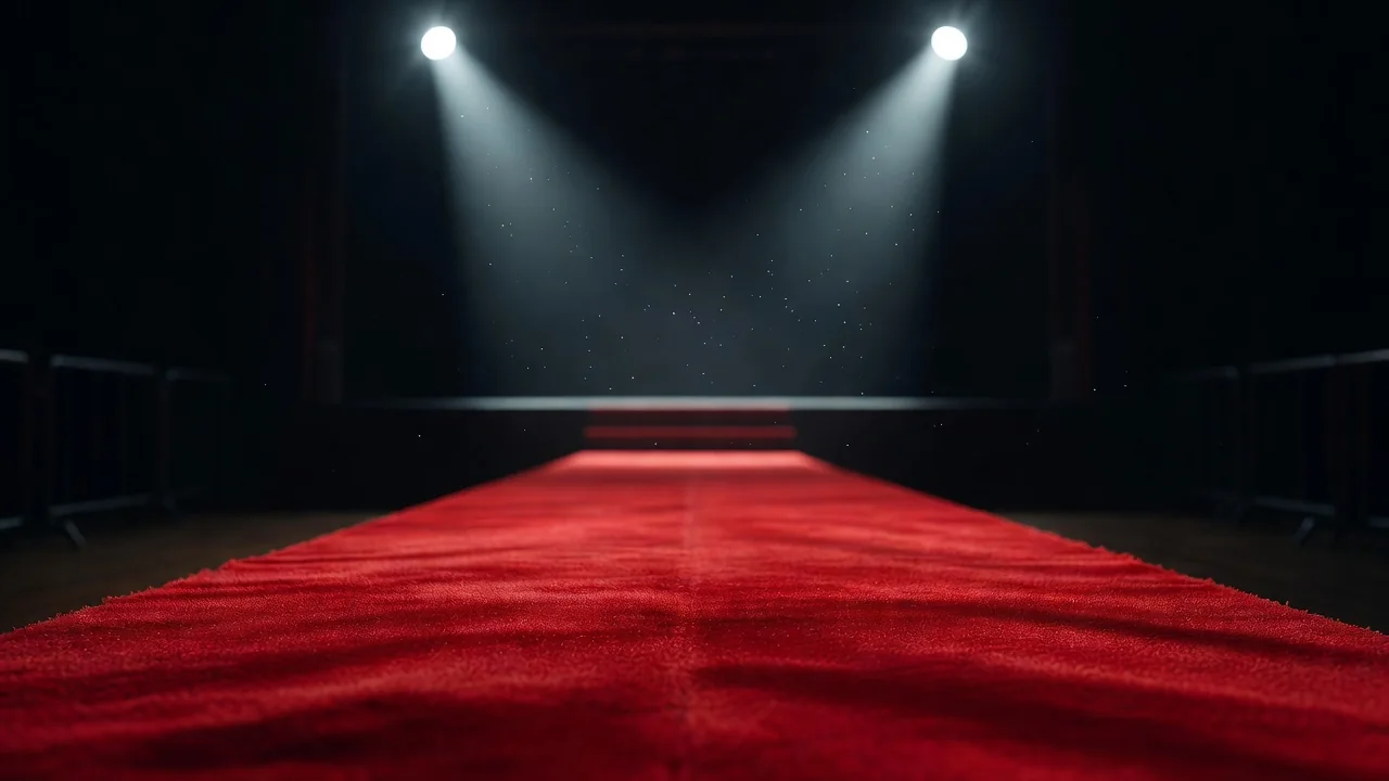 A red carpet leading toward a dark stage with two spotlights