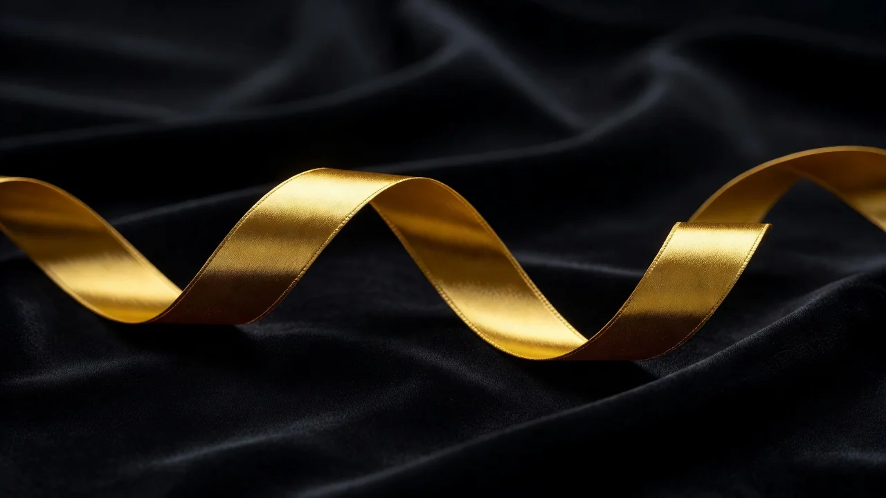 A golden ribbon curled elegantly on black velvet