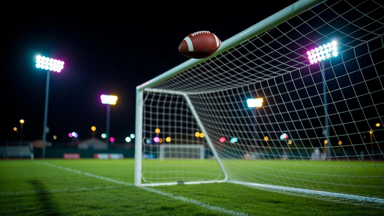A football frozen mid-air flying into the top corner of a goal net at night