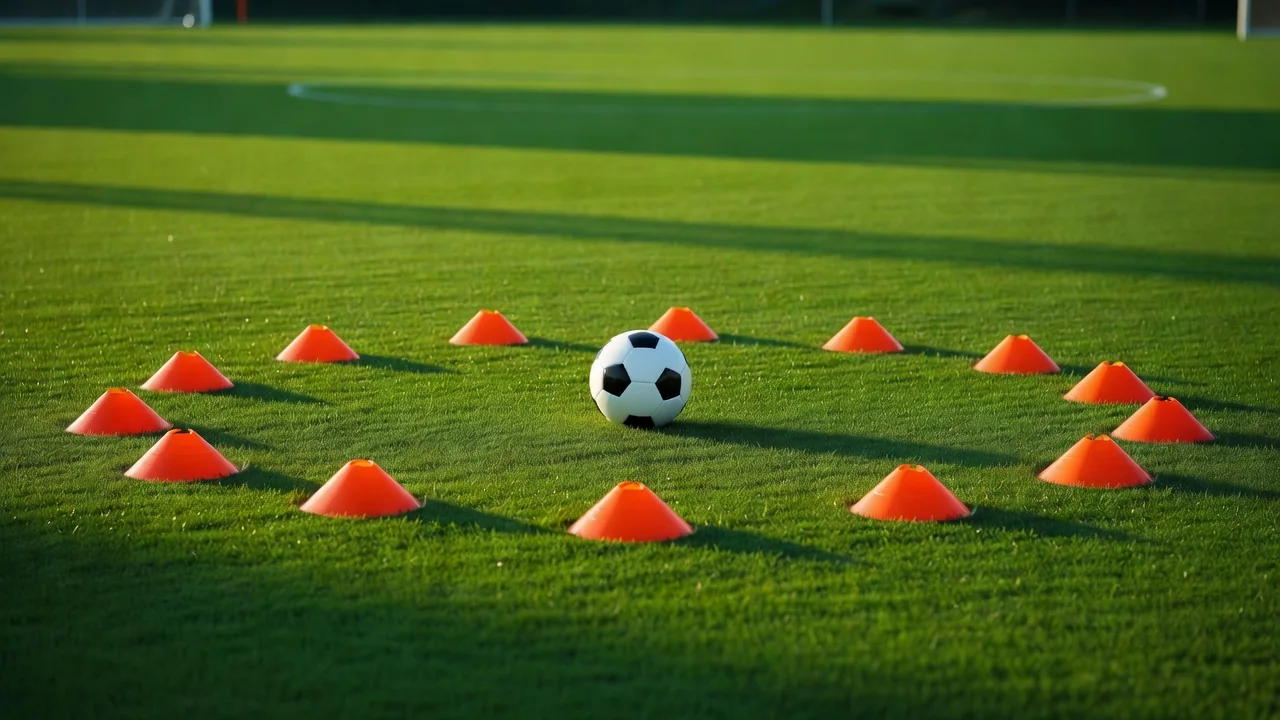 A circle of training cones with a single football in the middle on a green pitch