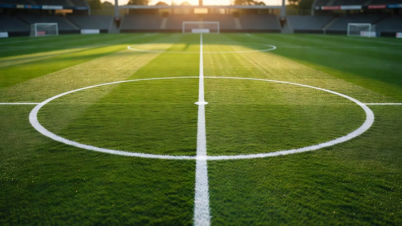 Aerial view of a green pitch centre circle at dawn