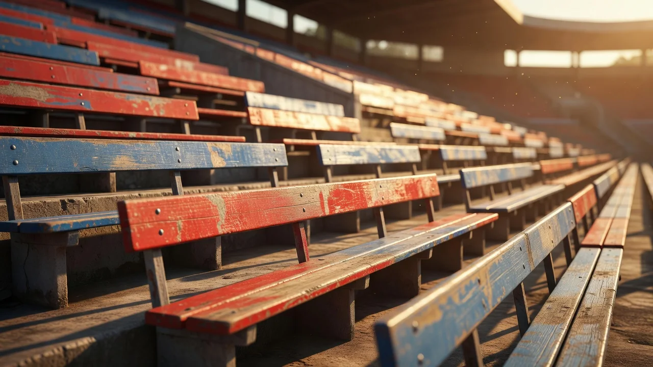 Old wooden bench seats of a classic stadium in warm nostalgic light