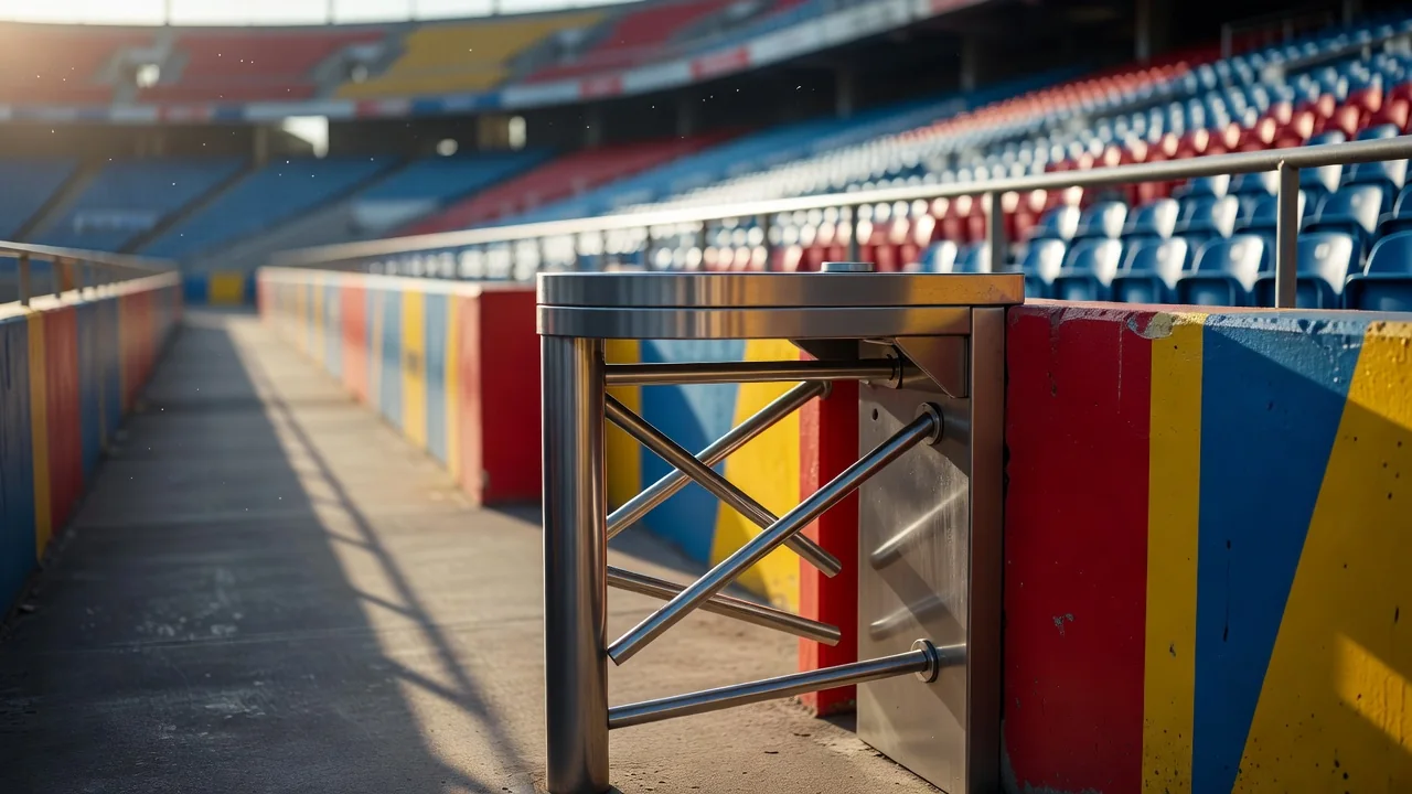 A stadium turnstile gate in early morning light, empty and quiet