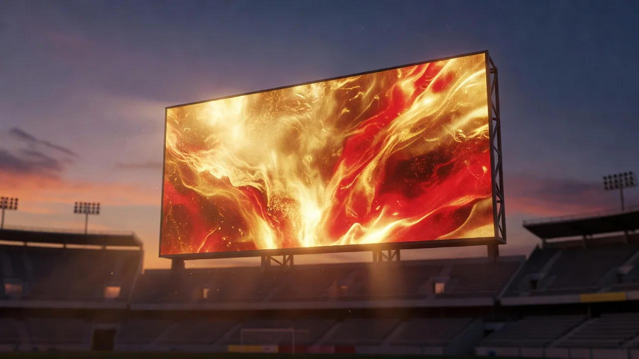 A giant stadium screen glowing with abstract warm light at dusk