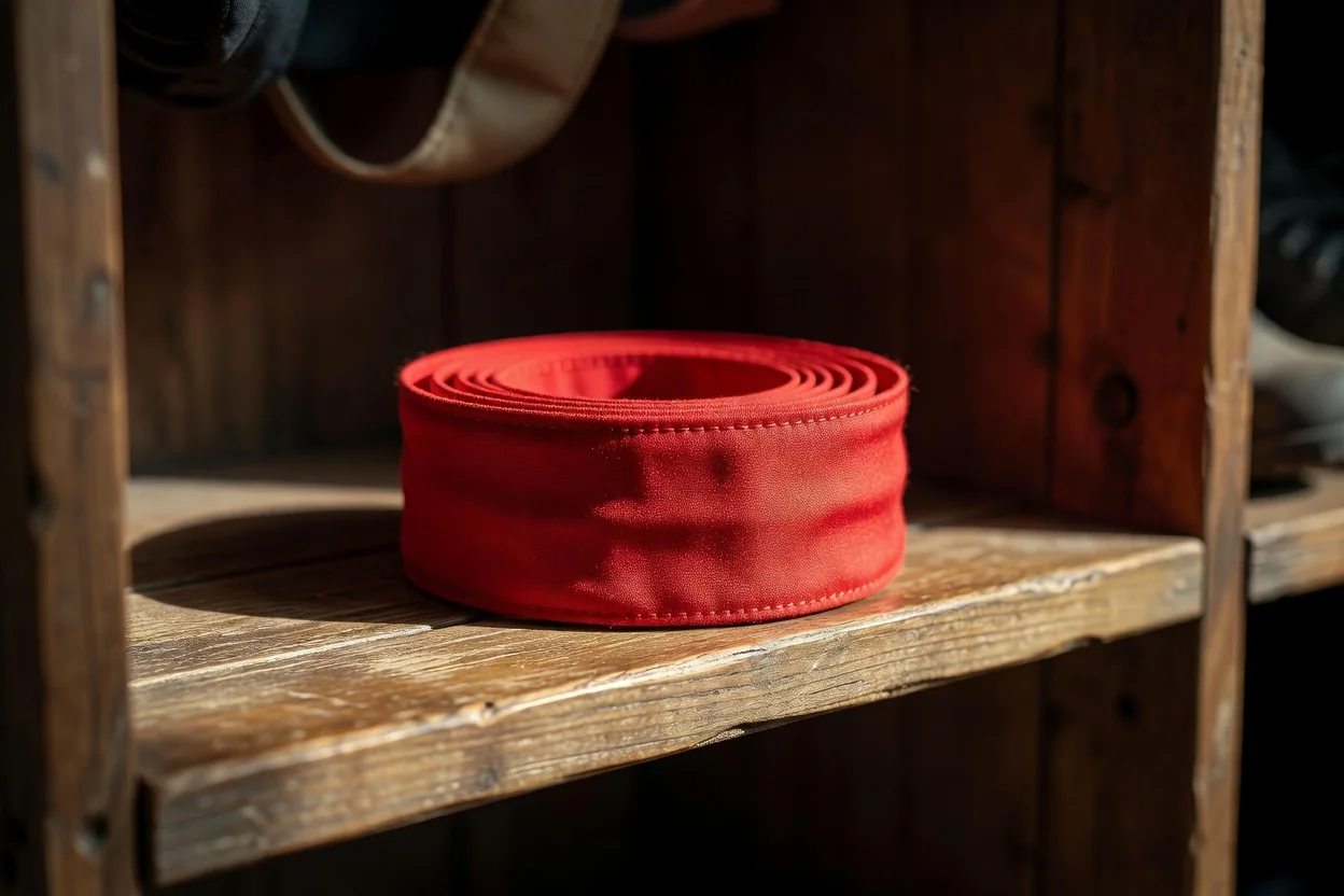 A coiled captain armband resting on a wooden locker shelf