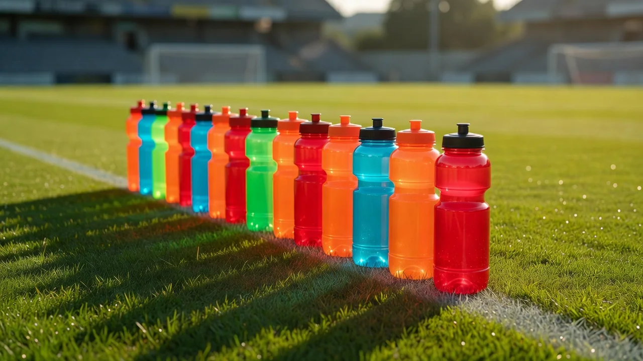 A row of bright water bottles lined up on a training pitch touchline