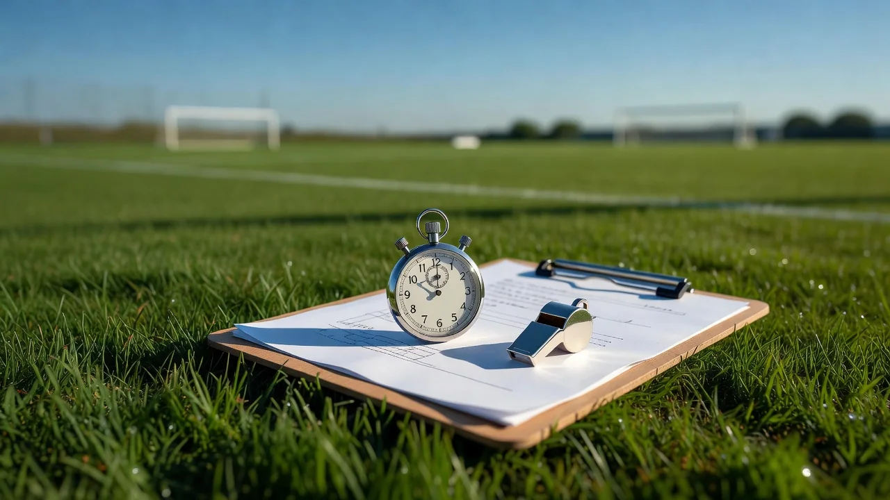 A stopwatch and a whistle resting on a clipboard at a training pitch