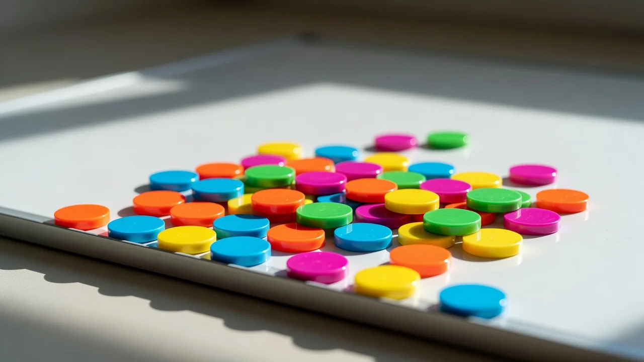 Colourful magnetic tactic tokens scattered on the edge of a whiteboard