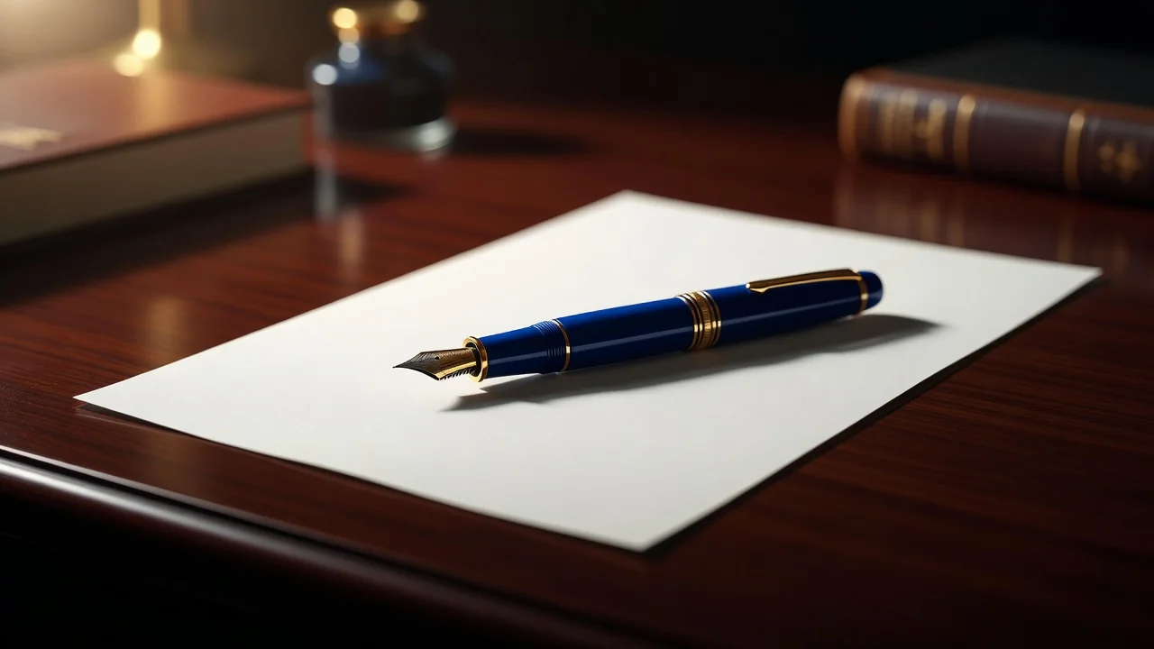 A fountain pen resting on a blank document on a dark desk