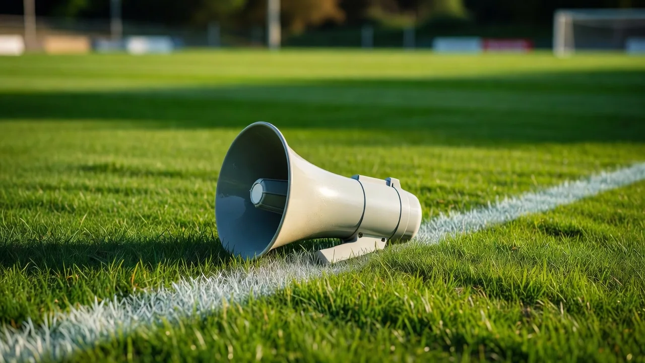 A megaphone lying on a football pitch sideline