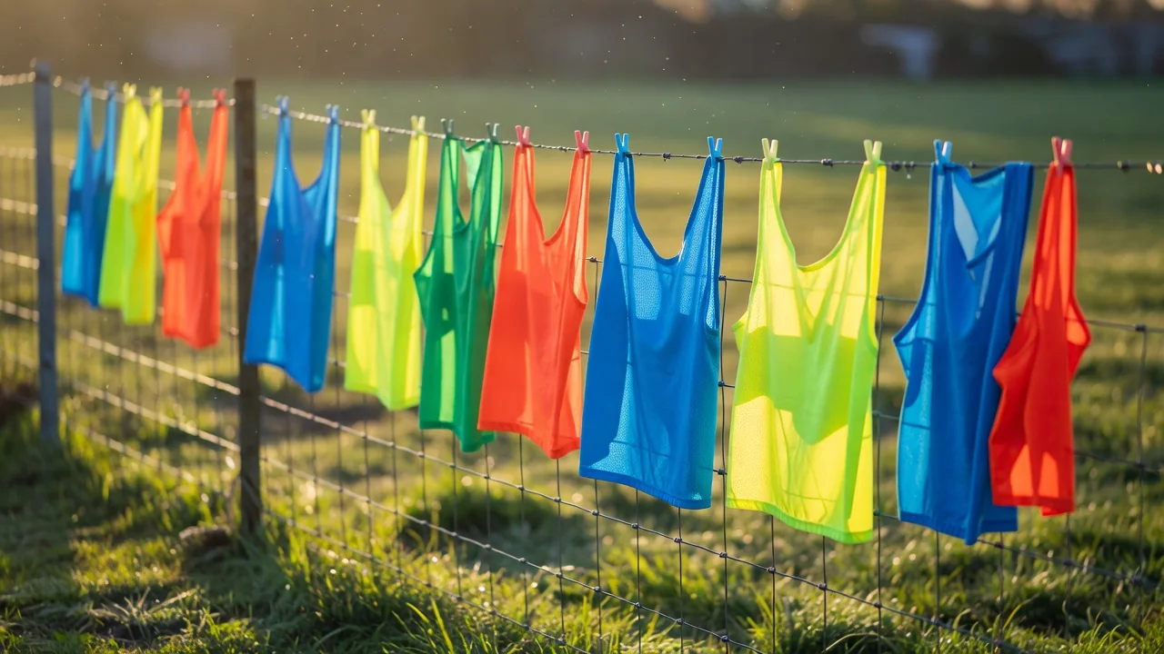 Colourful training bibs hanging on a wire fence in morning light