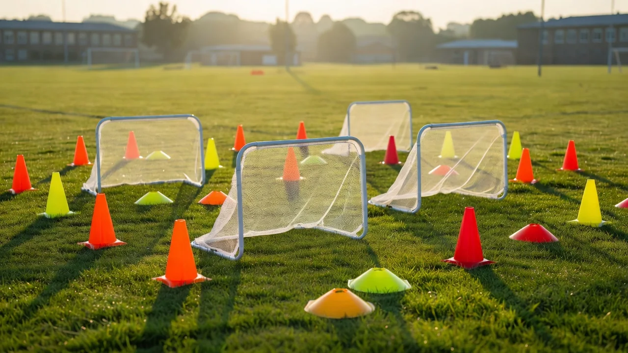 Small training goals and mini cones on a school field at sunrise