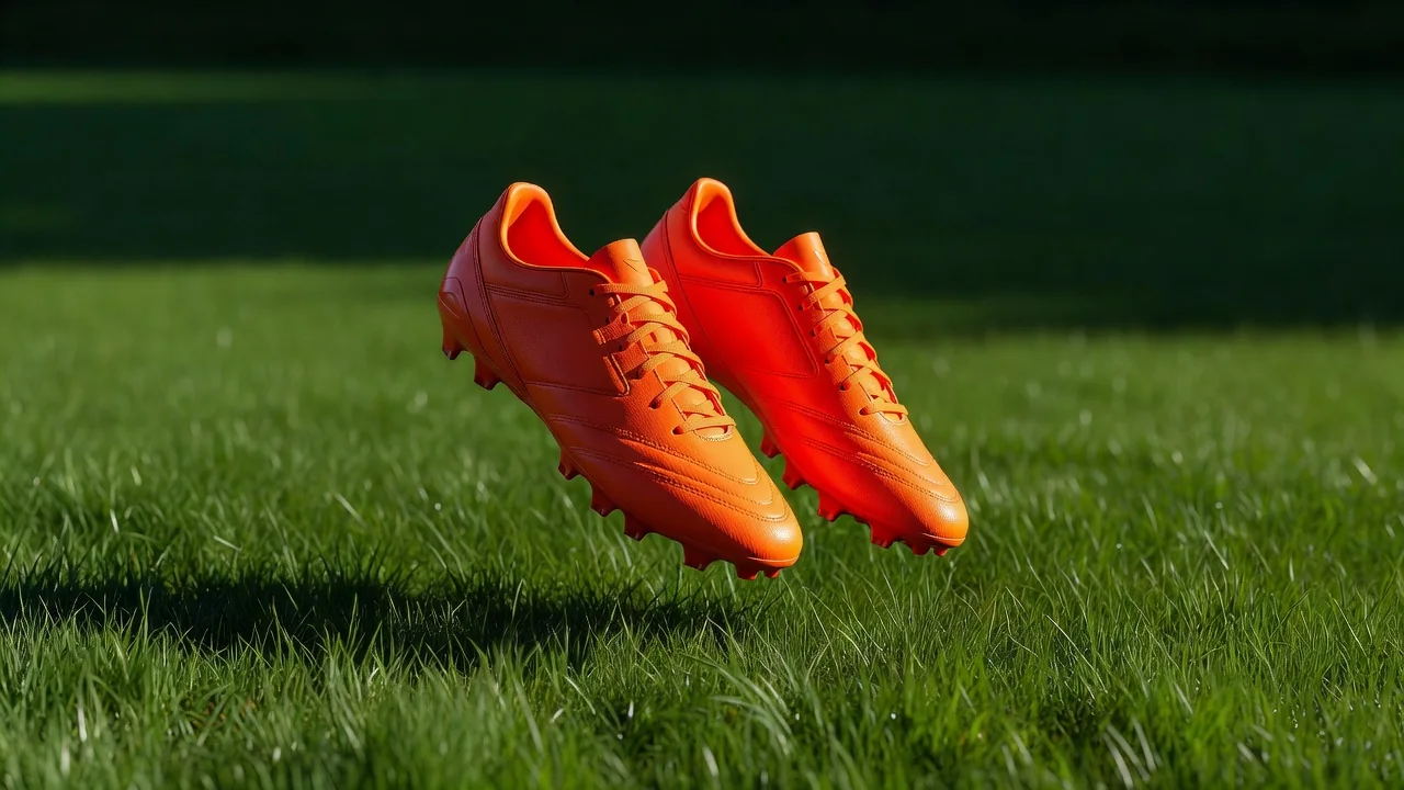 Bright orange football boots hovering mid-air over grass