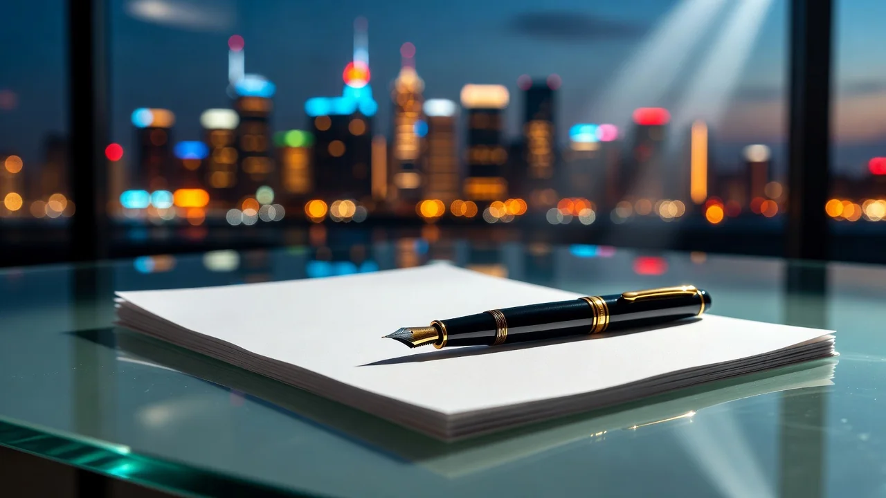 A fountain pen and blank contract pages on a glass table with city bokeh behind