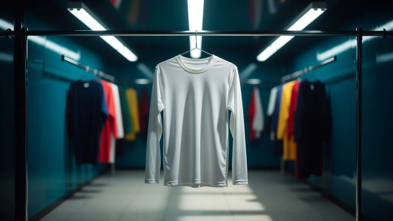 A plain white jersey hanging under bright dressing room lights