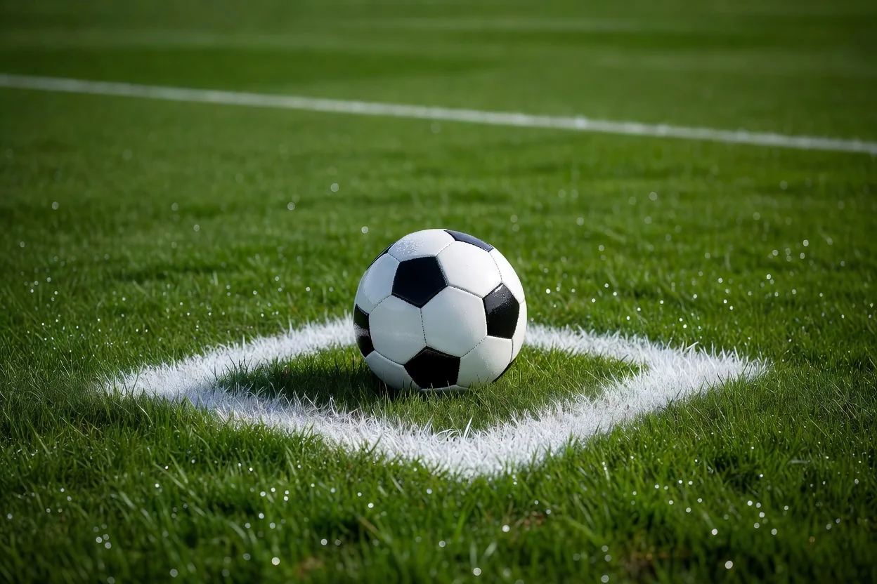 A penalty spot in macro close-up with a football placed on it, dew on the grass