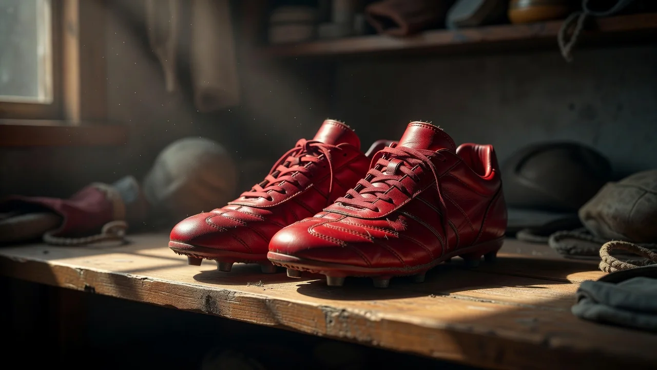 Vintage leather football boots from the 2000s on a wooden shelf
