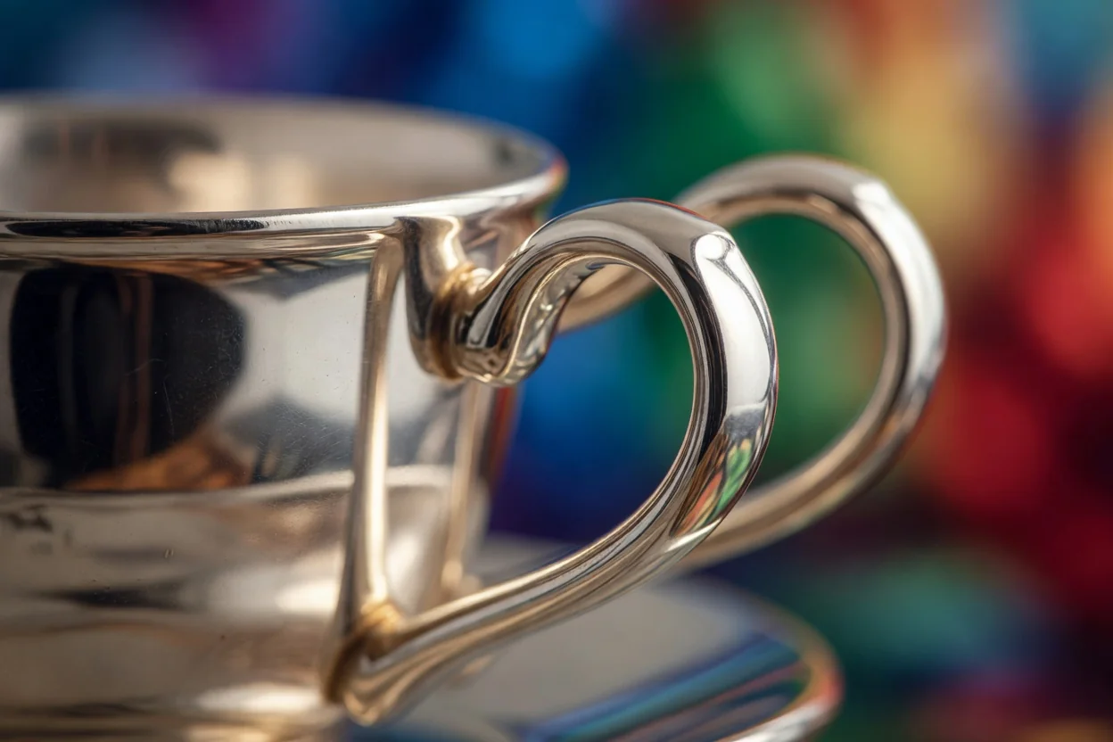 Silver cup handles in macro close-up with soft reflections