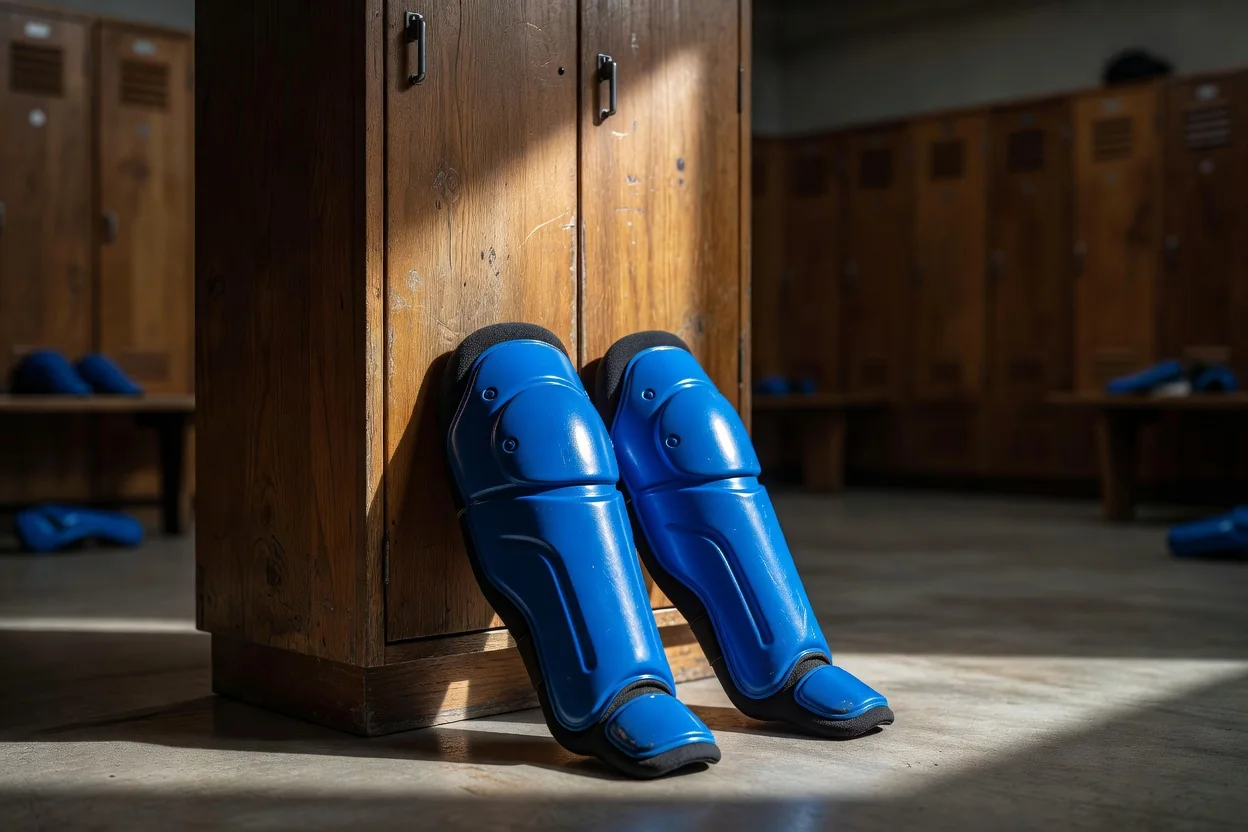 A pair of shin pads leaning against a wooden locker
