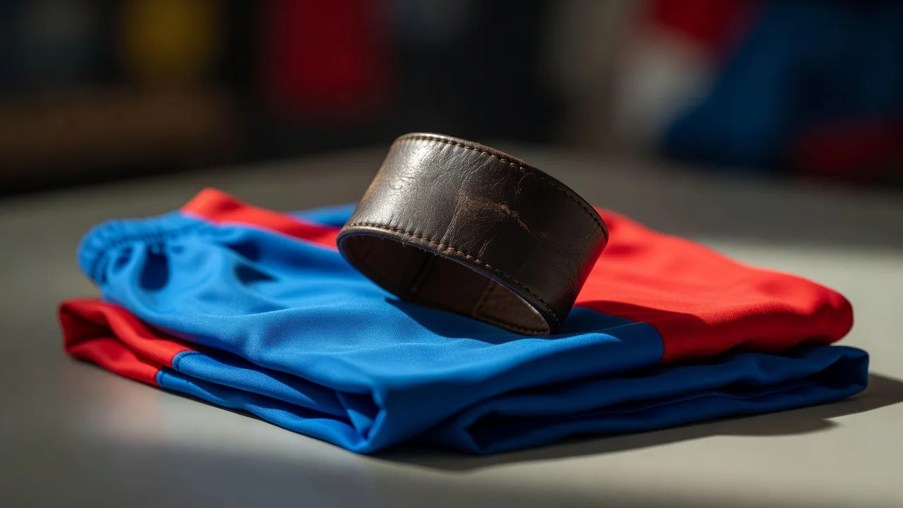A leather captain armband resting on a folded plain football kit