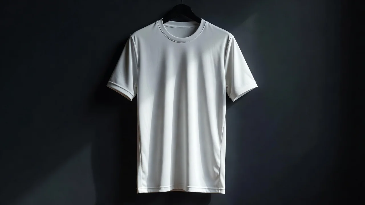 A plain white football jersey on a hanger against a dark wall