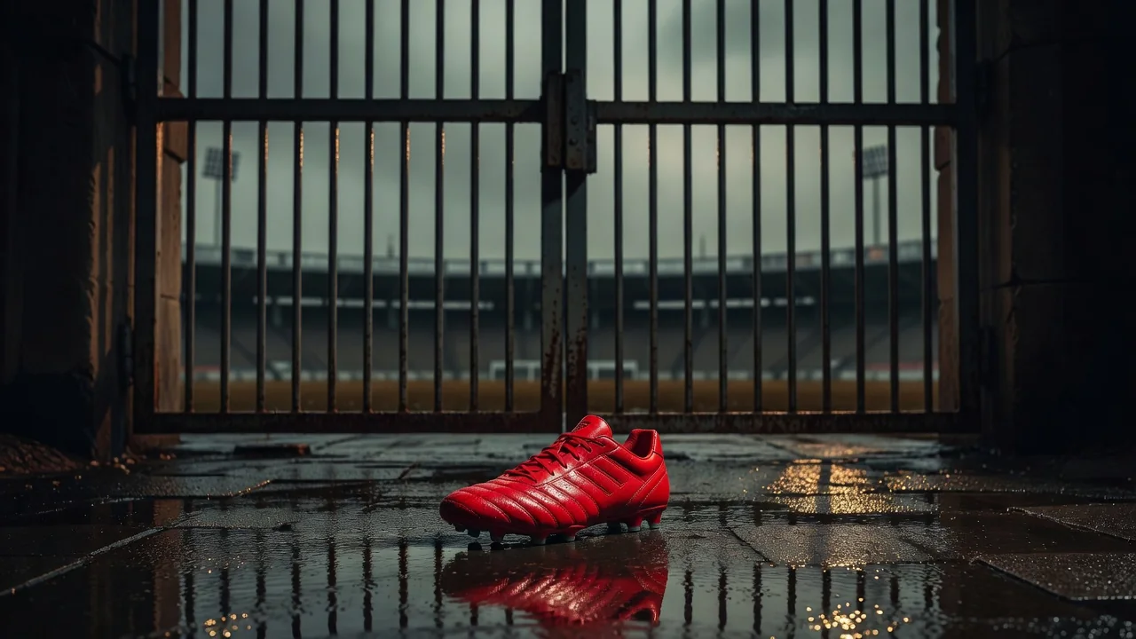 A single red football boot on wet pavement outside an iron stadium gate