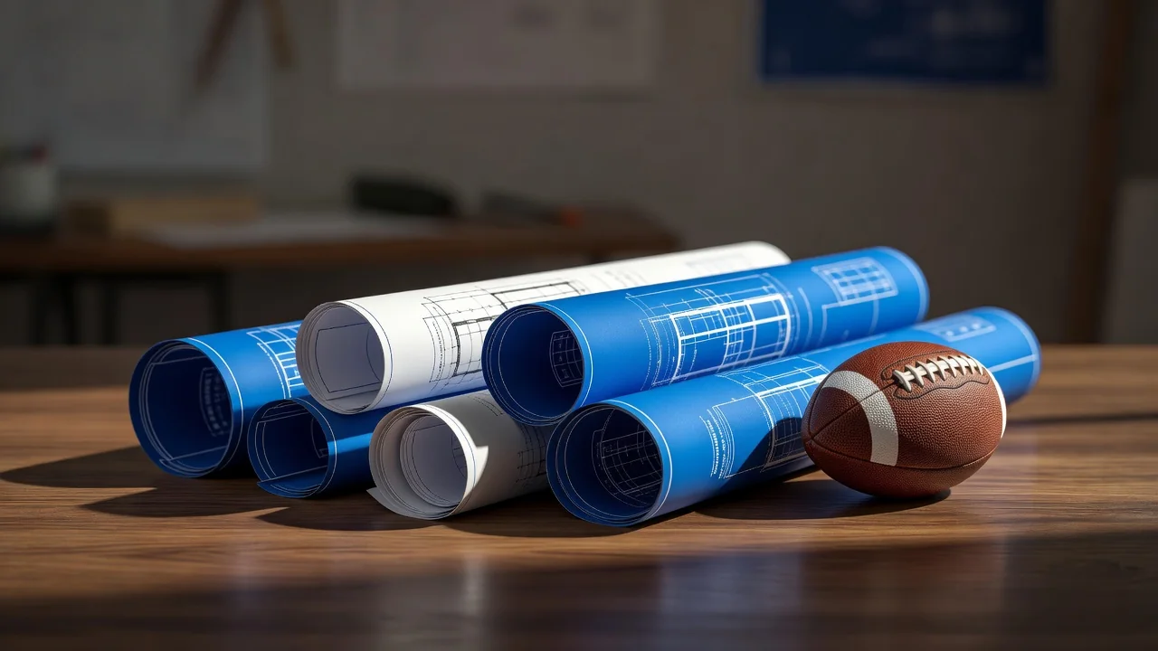 Rolled architectural blueprints on a table with a miniature football beside them