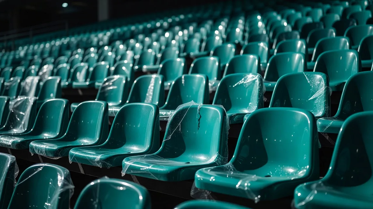 Glossy new teal stadium seats still partly wrapped in protective plastic