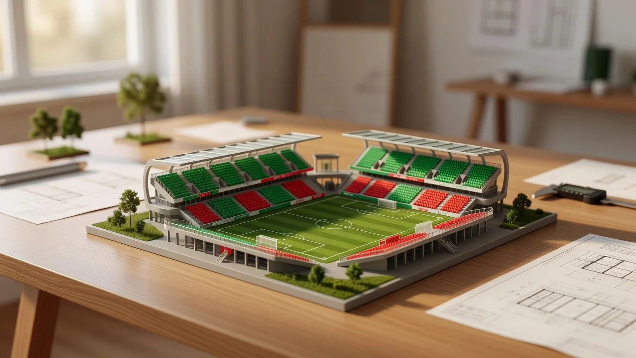 A detailed architect scale model of a small football stadium on a desk