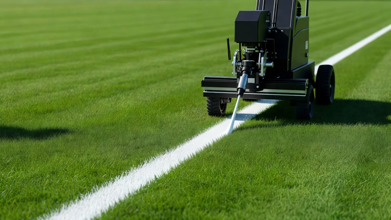 A line marking machine painting a crisp white line on green grass