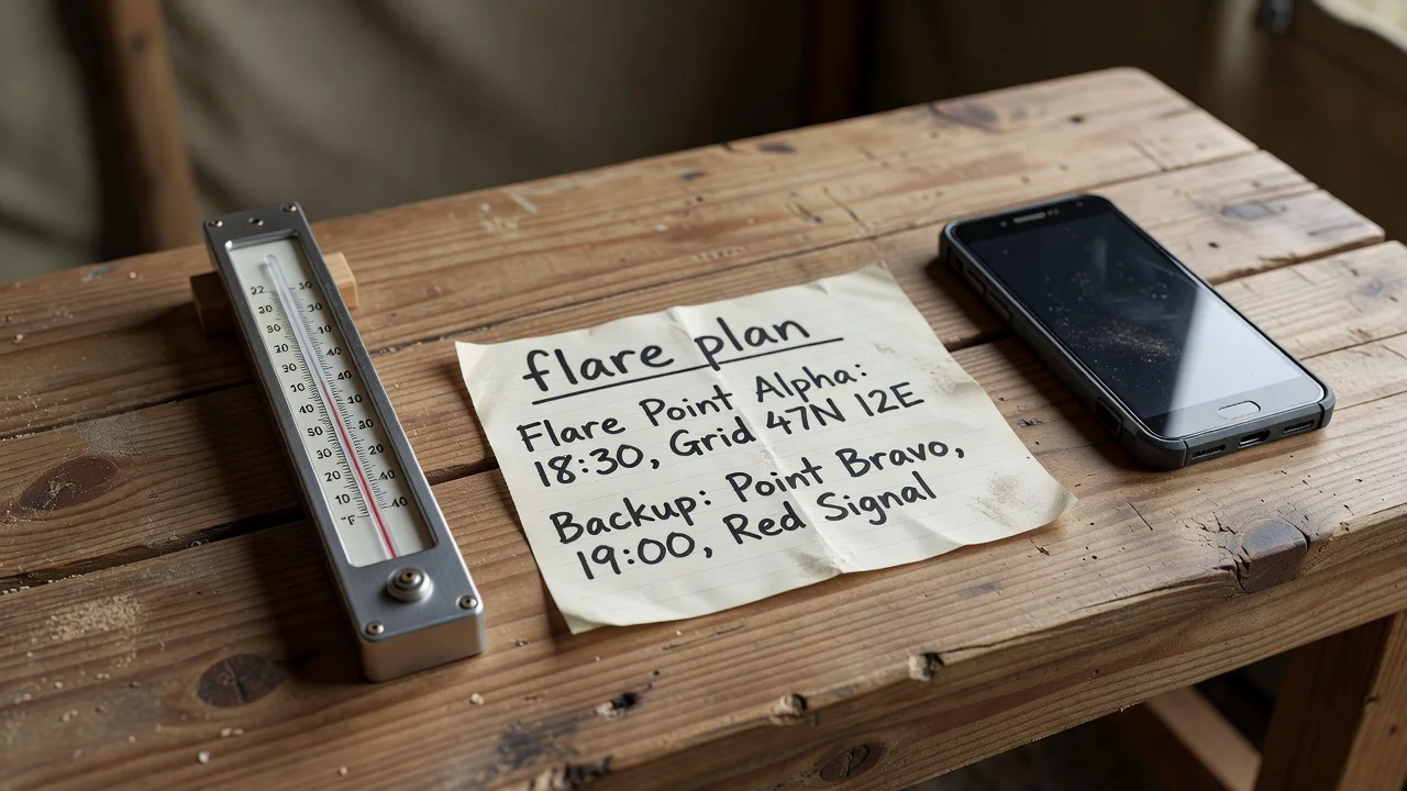 Thermometer and a written flare plan next to a phone