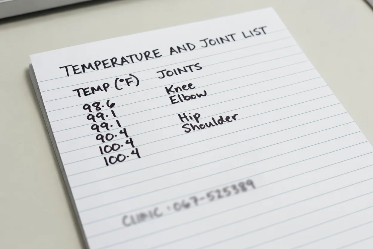 Note: temperature, joints, time, and the clinic number