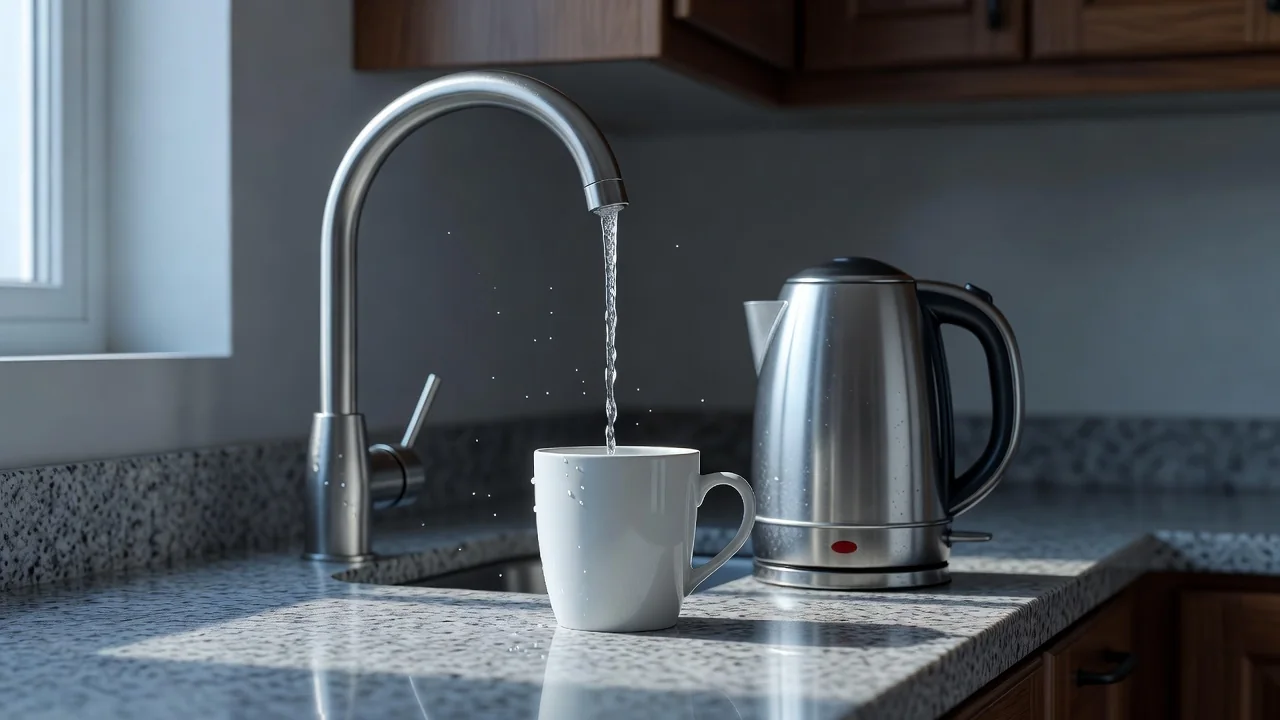 Hands at a tap in the morning, kettle in the background
