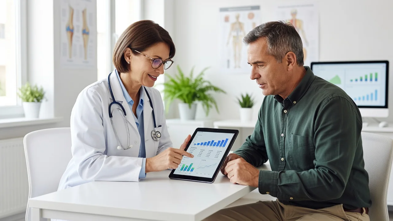 Rheumatologist reviewing lab results on a tablet with a patient