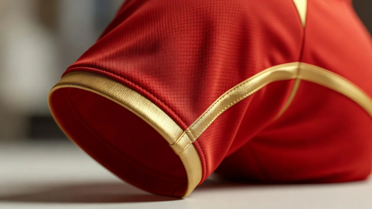 A red jersey sleeve with gold trim in macro close-up