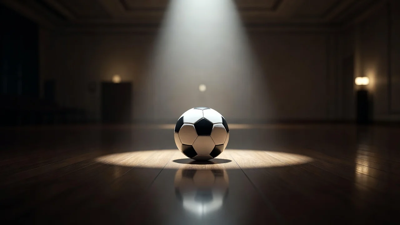 A football under a single dramatic spotlight in a dark hall