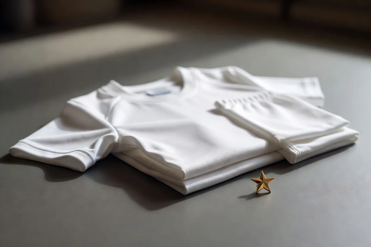 A plain white football kit folded with a single gold star pin beside it