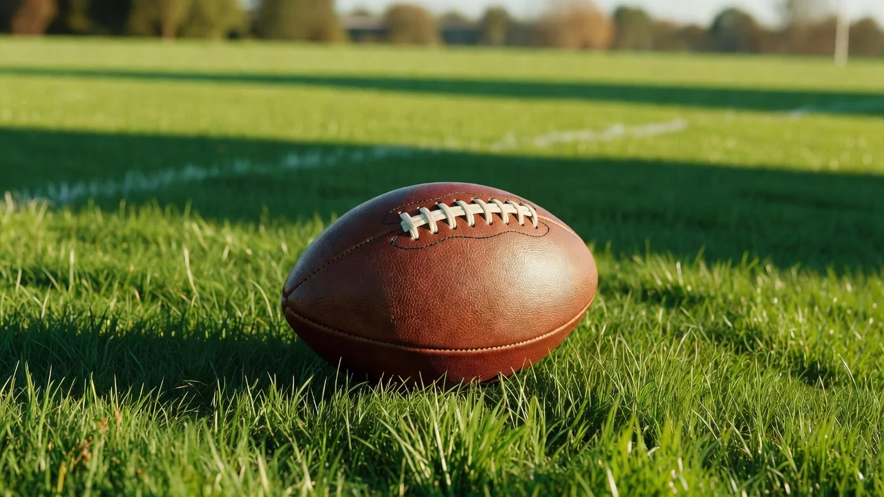 A vintage 1990s style football on grass with soft film-photo grain