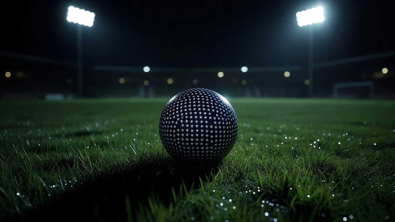 A star-patterned football on dark grass under night floodlights