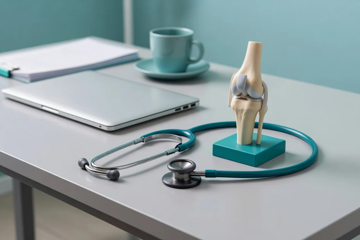 Stethoscope and joint model on a clinic desk