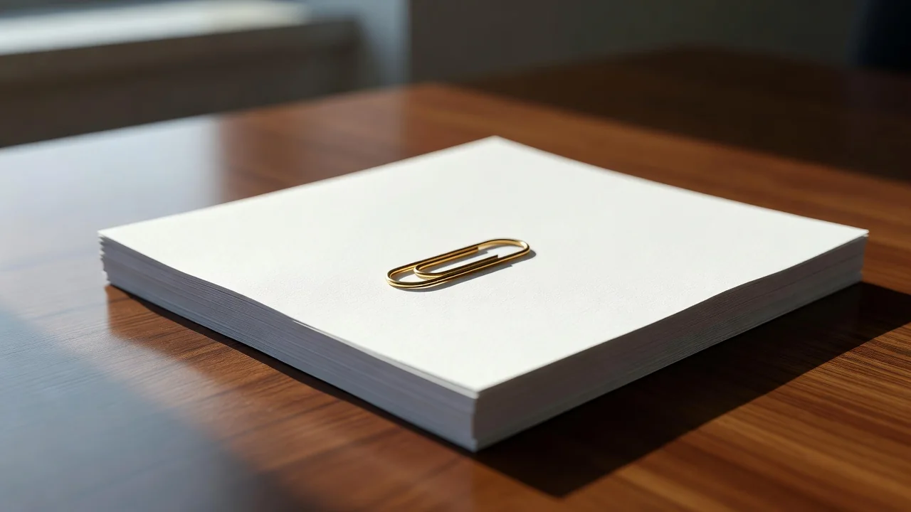 Blank contract pages held together by a gold paperclip on a desk