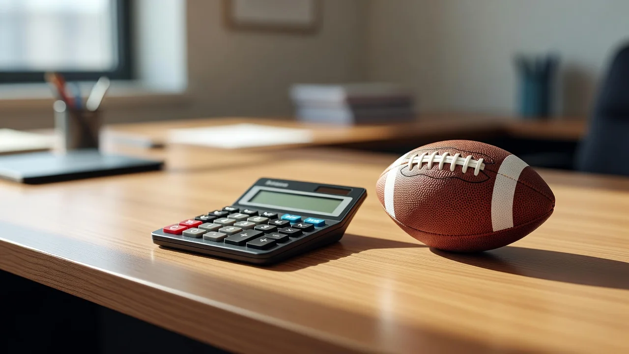 A calculator beside a miniature football on an office desk