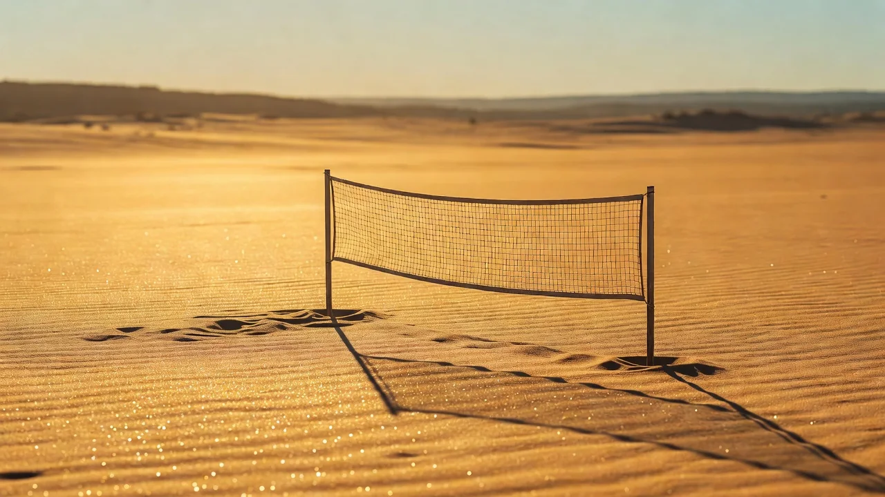 A beach football net on golden sand at golden hour