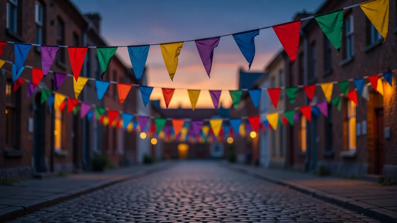 Colourful bunting flags strung above a quiet street at dusk