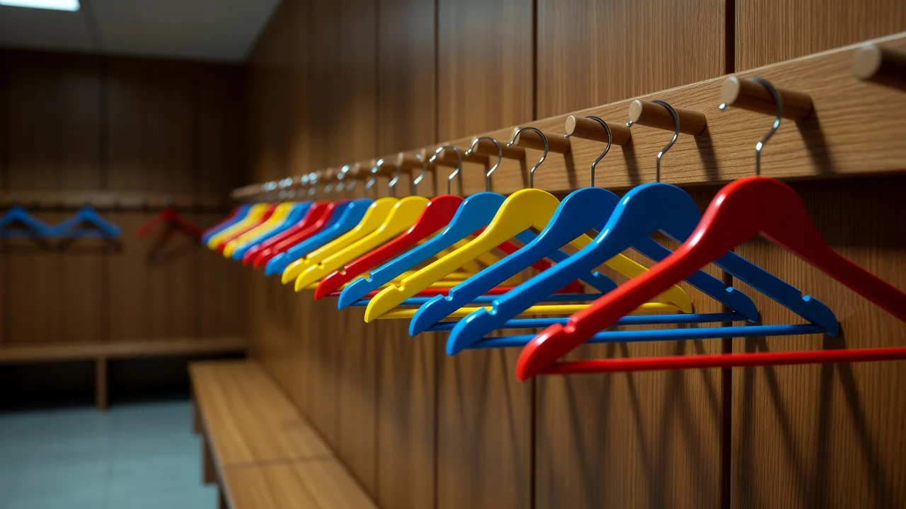 Empty hangers on wooden pegs in a quiet locker room